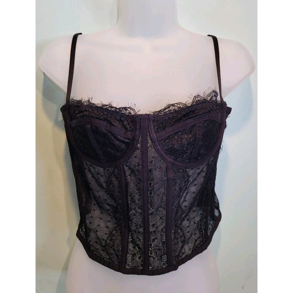 Black Sheer Stretch Mesh Lace Corset Goth Fairygrunge Cami Crop Top Sz M - Picture 2 of 7